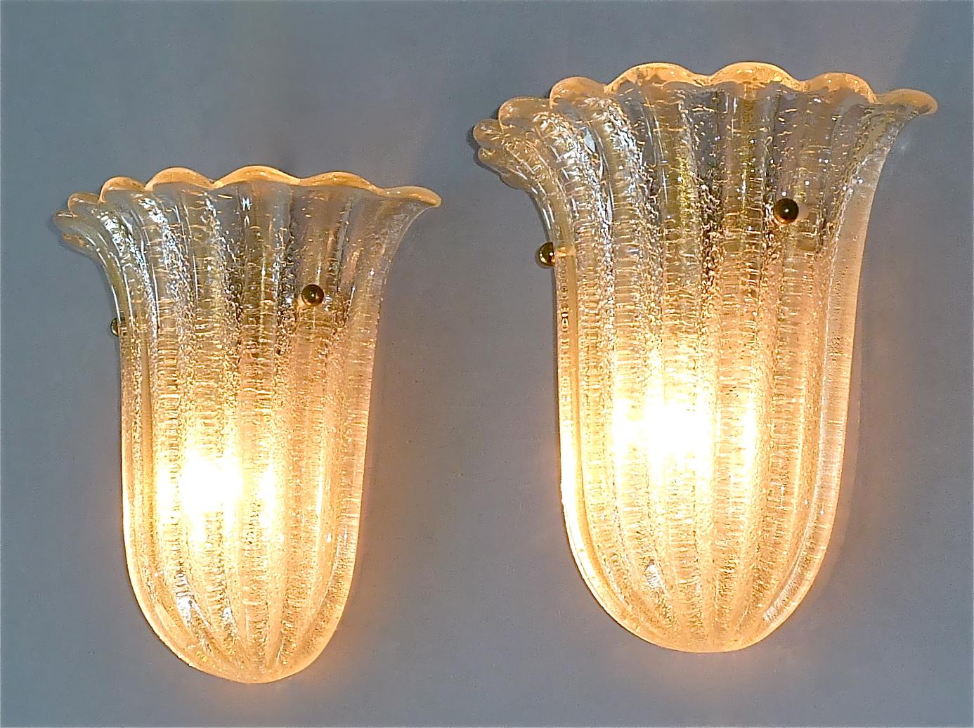 Signed Pair Barovier Toso Floral Tulip Leaf Sconces Murano Gold Art Glass 1970s For Sale 7