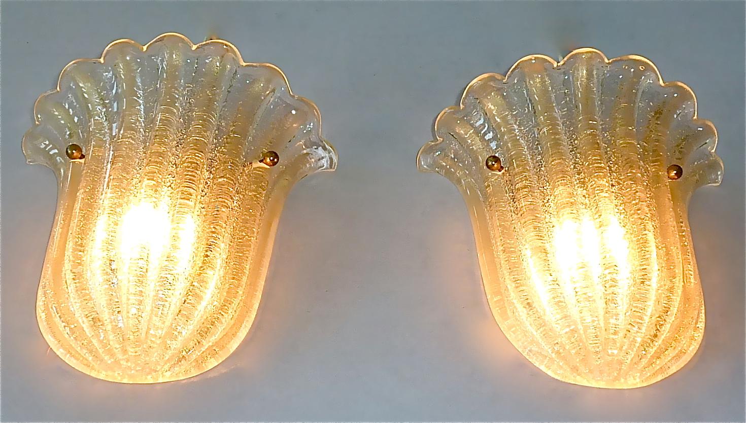 Signed Pair Barovier Toso Floral Tulip Leaf Sconces Murano Gold Art Glass 1970s For Sale 8