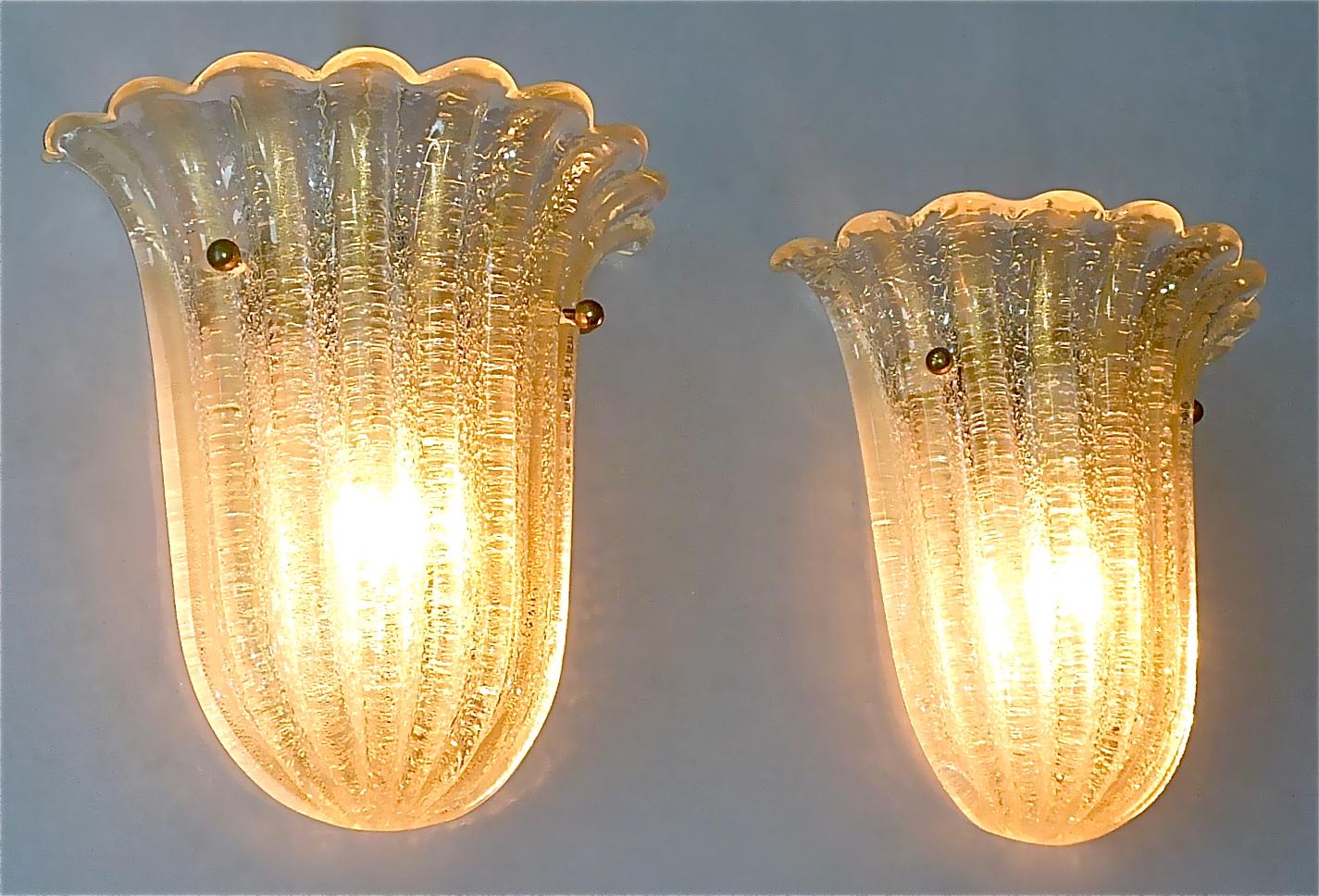Signed Pair Barovier Toso Floral Tulip Leaf Sconces Murano Gold Art Glass 1970s For Sale 9