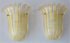 Signed Pair Barovier Toso Floral Tulip Leaf Sconces Murano Gold Art Glass 1970s