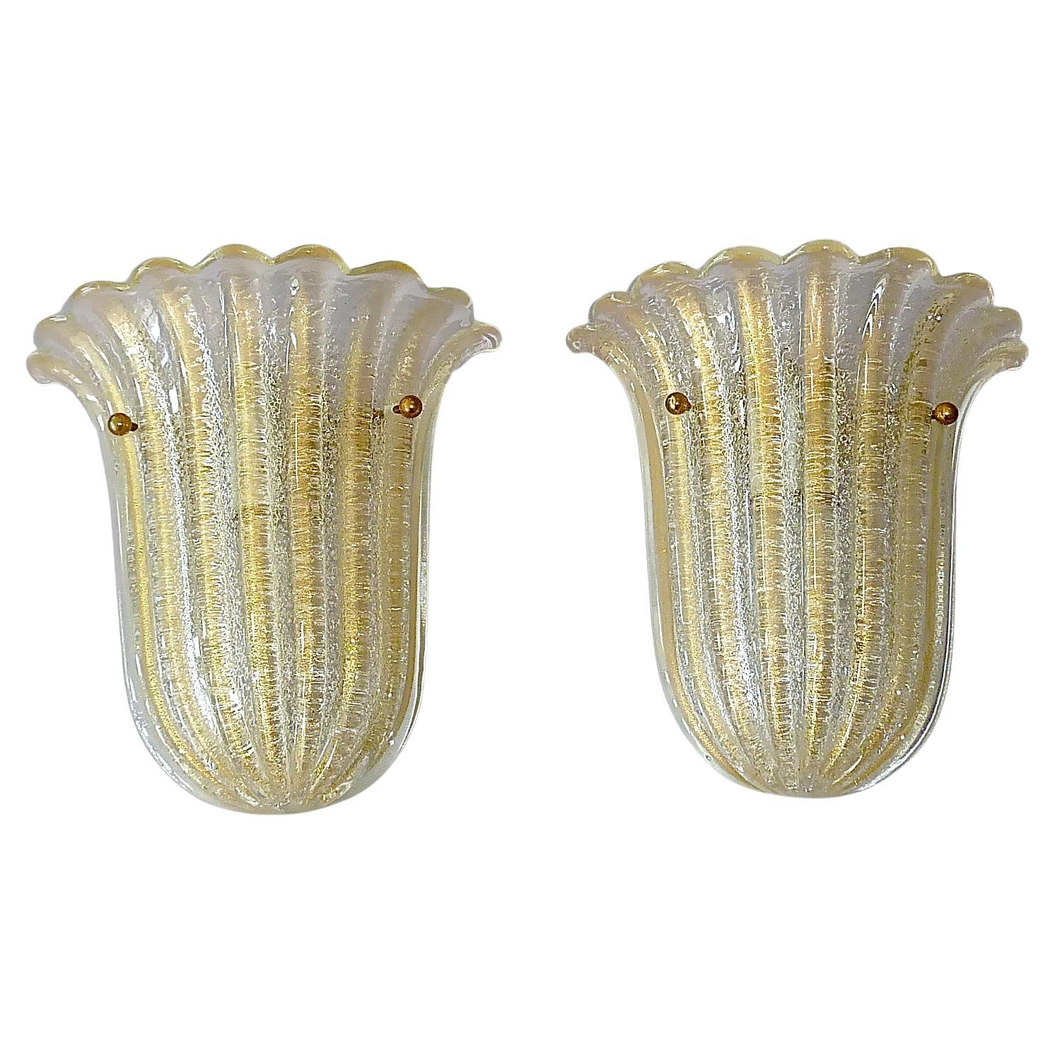 Signed Pair Barovier Toso Floral Tulip Leaf Sconces Murano Gold Art Glass 1970s For Sale