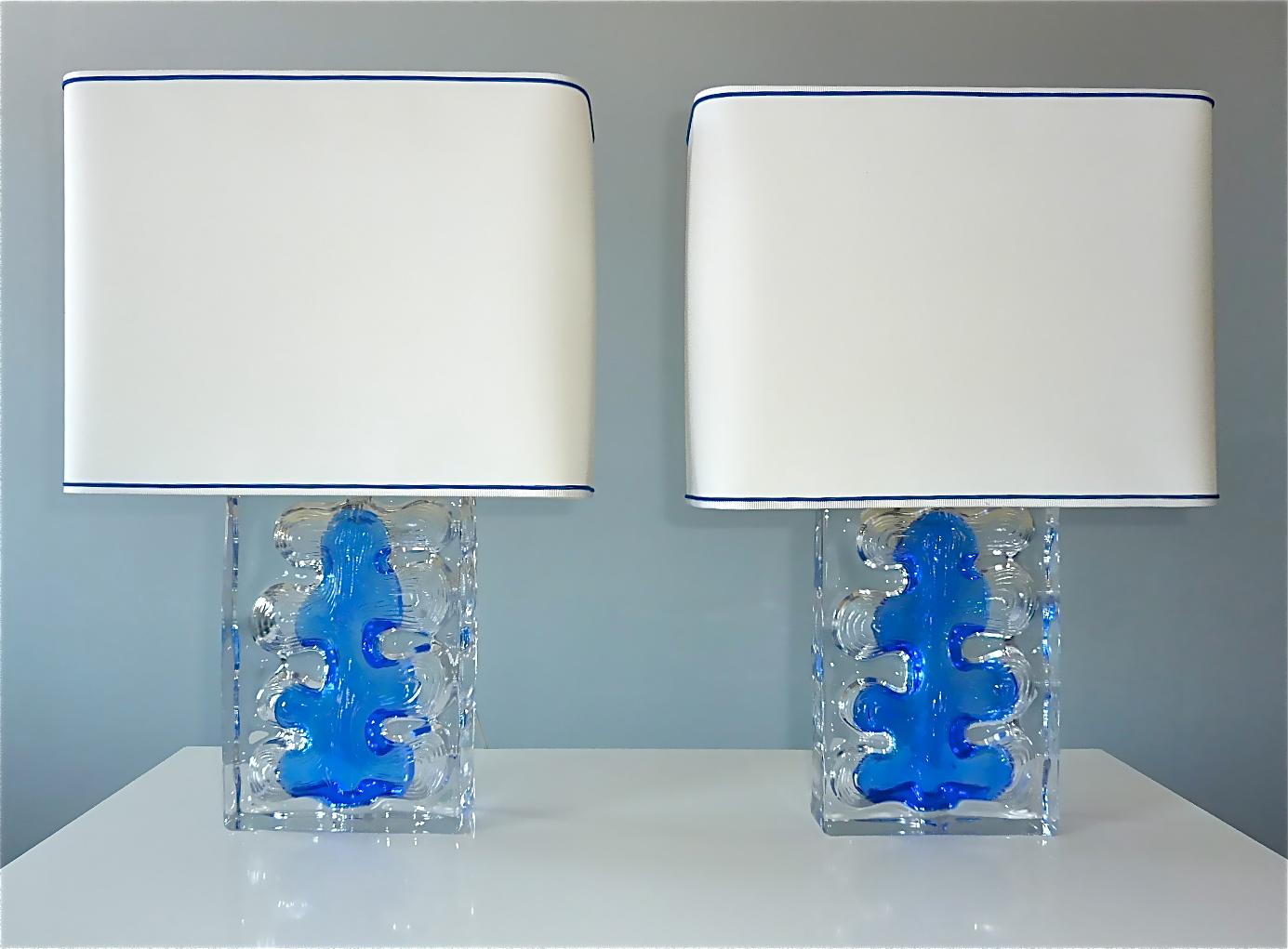 Signed Pair Daum Sculptural Table Lamps Blue Clear Crystal Glass France 1970s For Sale 12