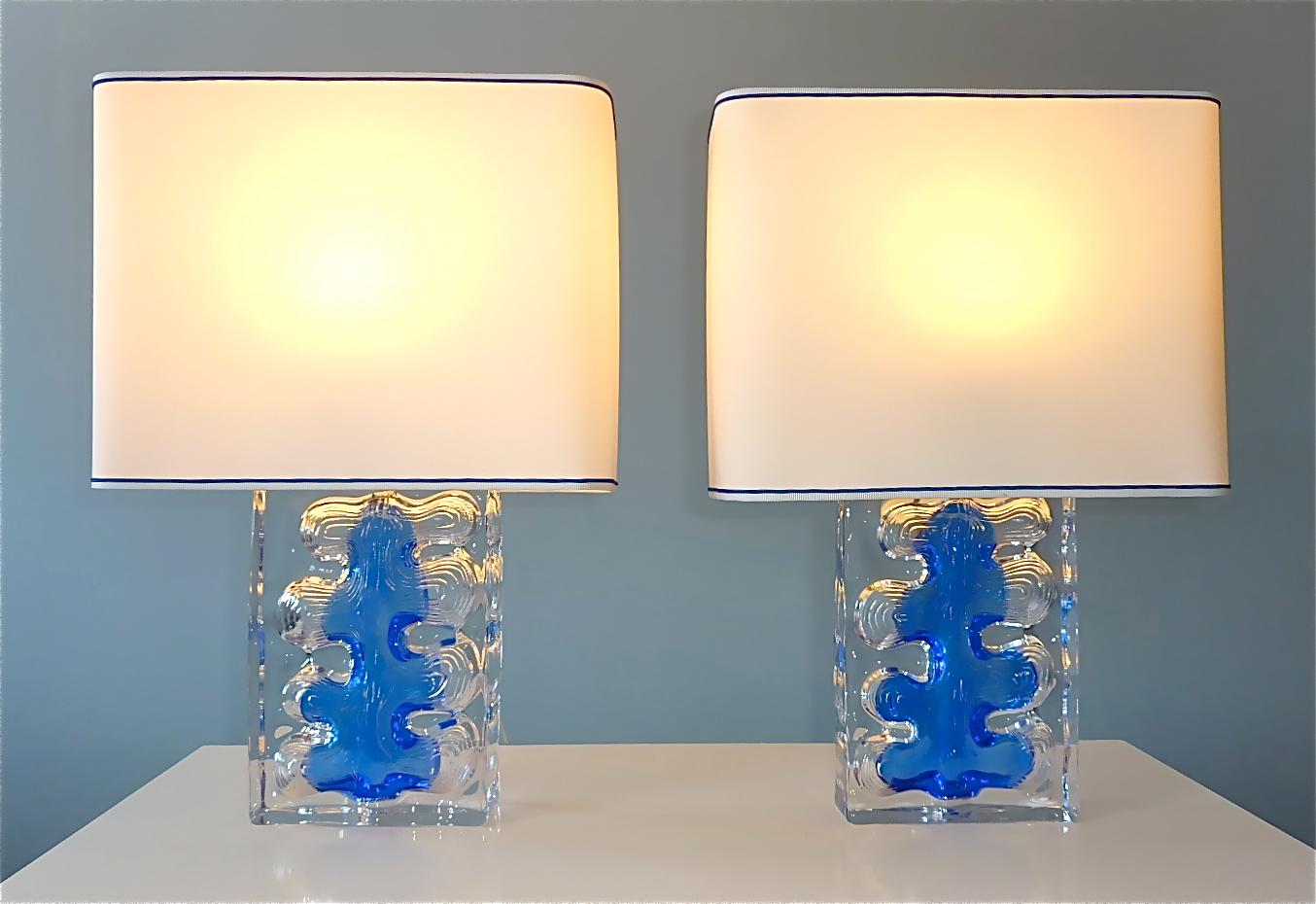 Brutalist Signed Pair Daum Sculptural Table Lamps Blue Clear Crystal Glass France 1970s For Sale