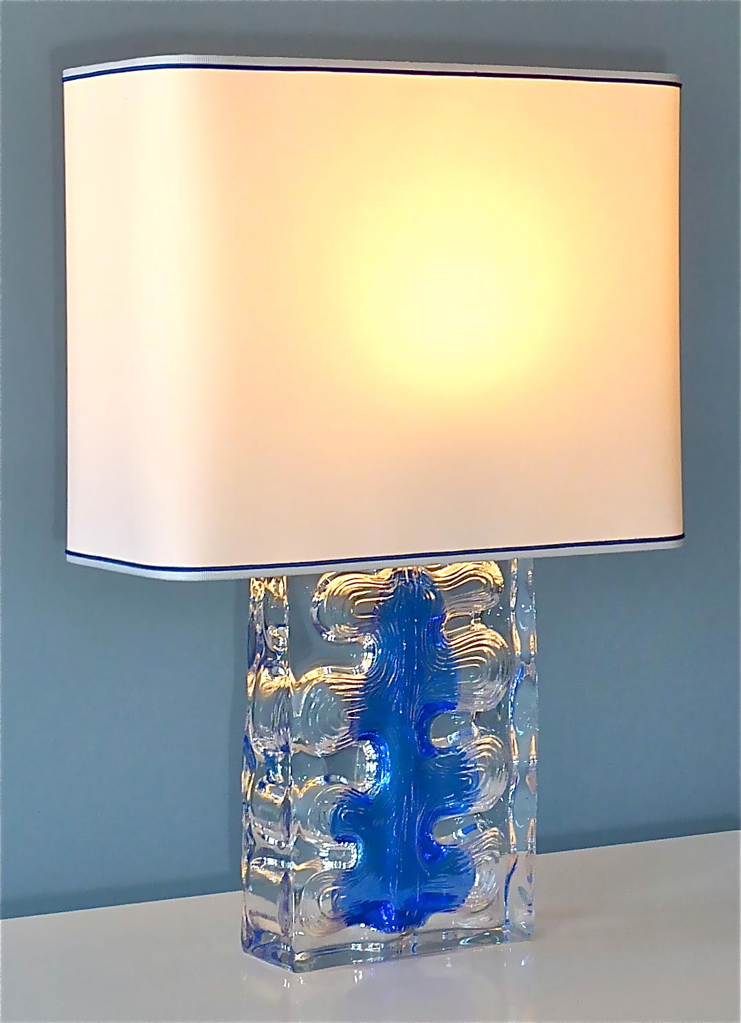 French Signed Pair Daum Sculptural Table Lamps Blue Clear Crystal Glass France 1970s For Sale