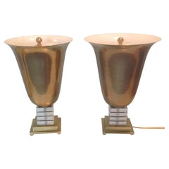 Signed Pair Frederick Cooper Urn Form Lamps in Brass and Lucite