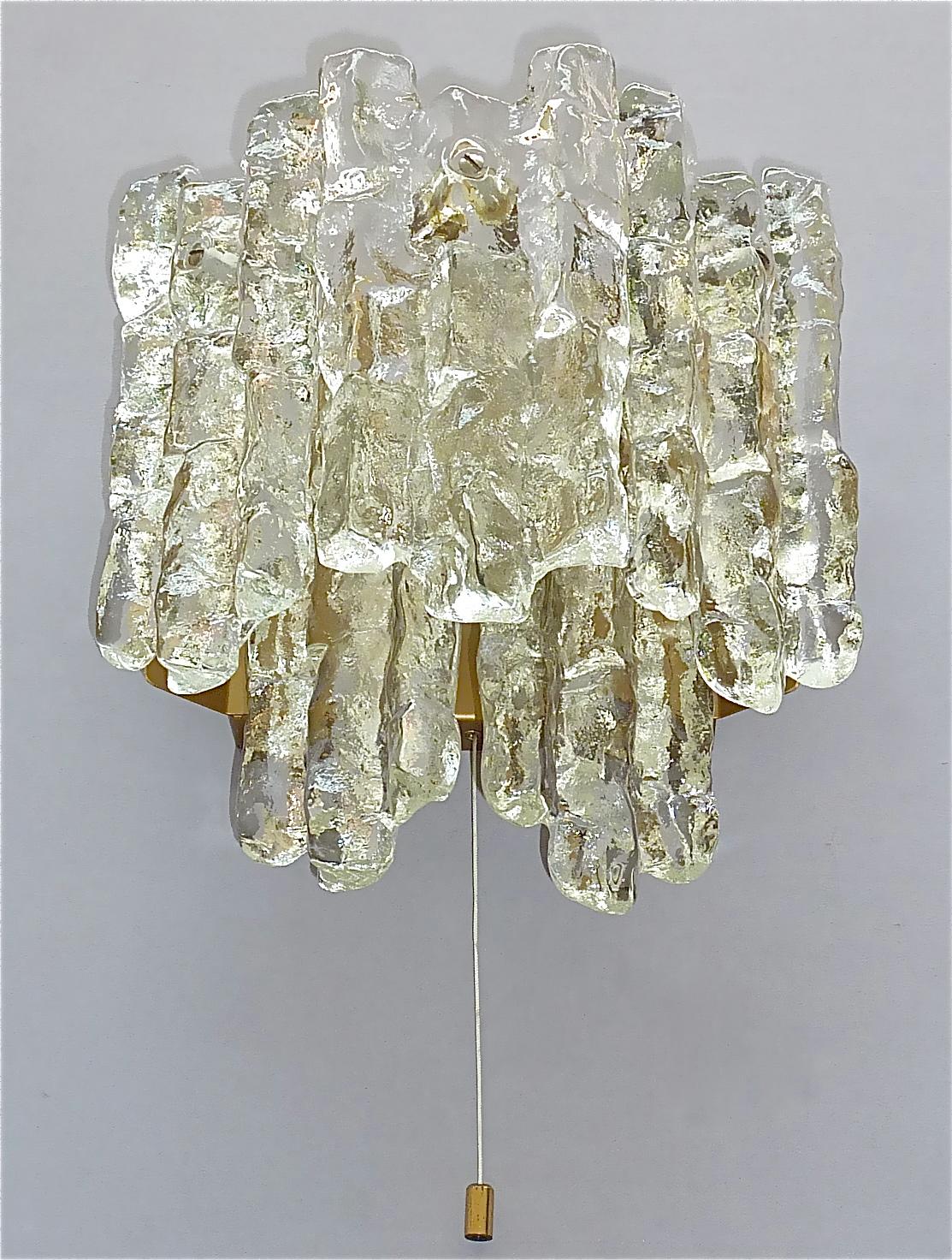 Signed Pair J.T. Kalmar Sconces Large Golden Wall Lamps Murano Ice Glass 1960s For Sale 4