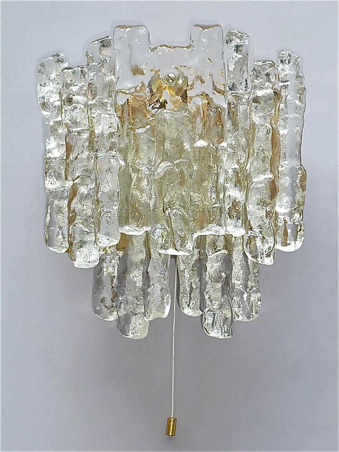 Signed Pair J.T. Kalmar Sconces Large Golden Wall Lamps Murano Ice Glass 1960s For Sale 7