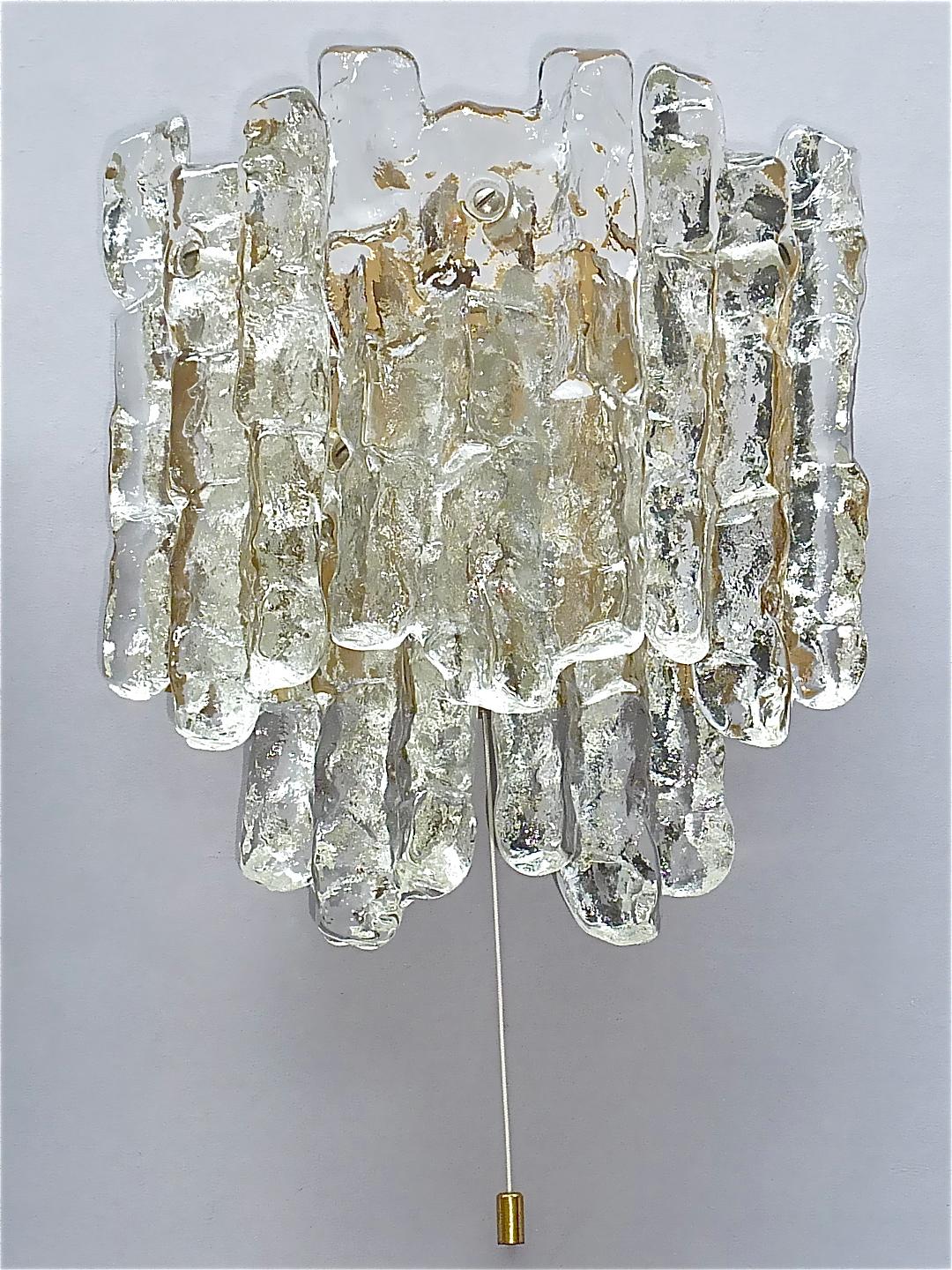 German Signed Pair J.T. Kalmar Sconces Large Golden Wall Lamps Murano Ice Glass 1960s For Sale