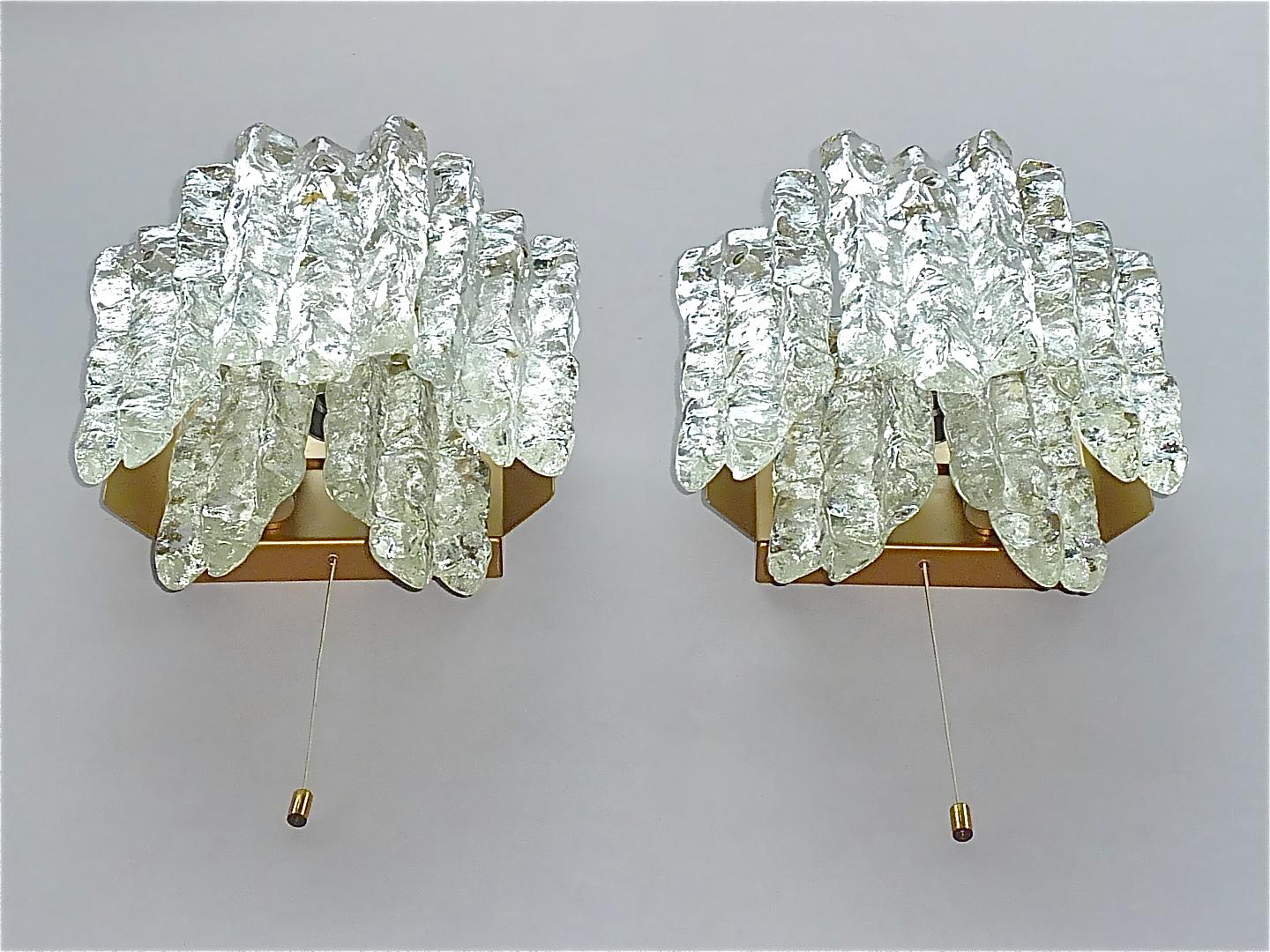 Frosted Signed Pair J.T. Kalmar Sconces Large Golden Wall Lamps Murano Ice Glass 1960s For Sale