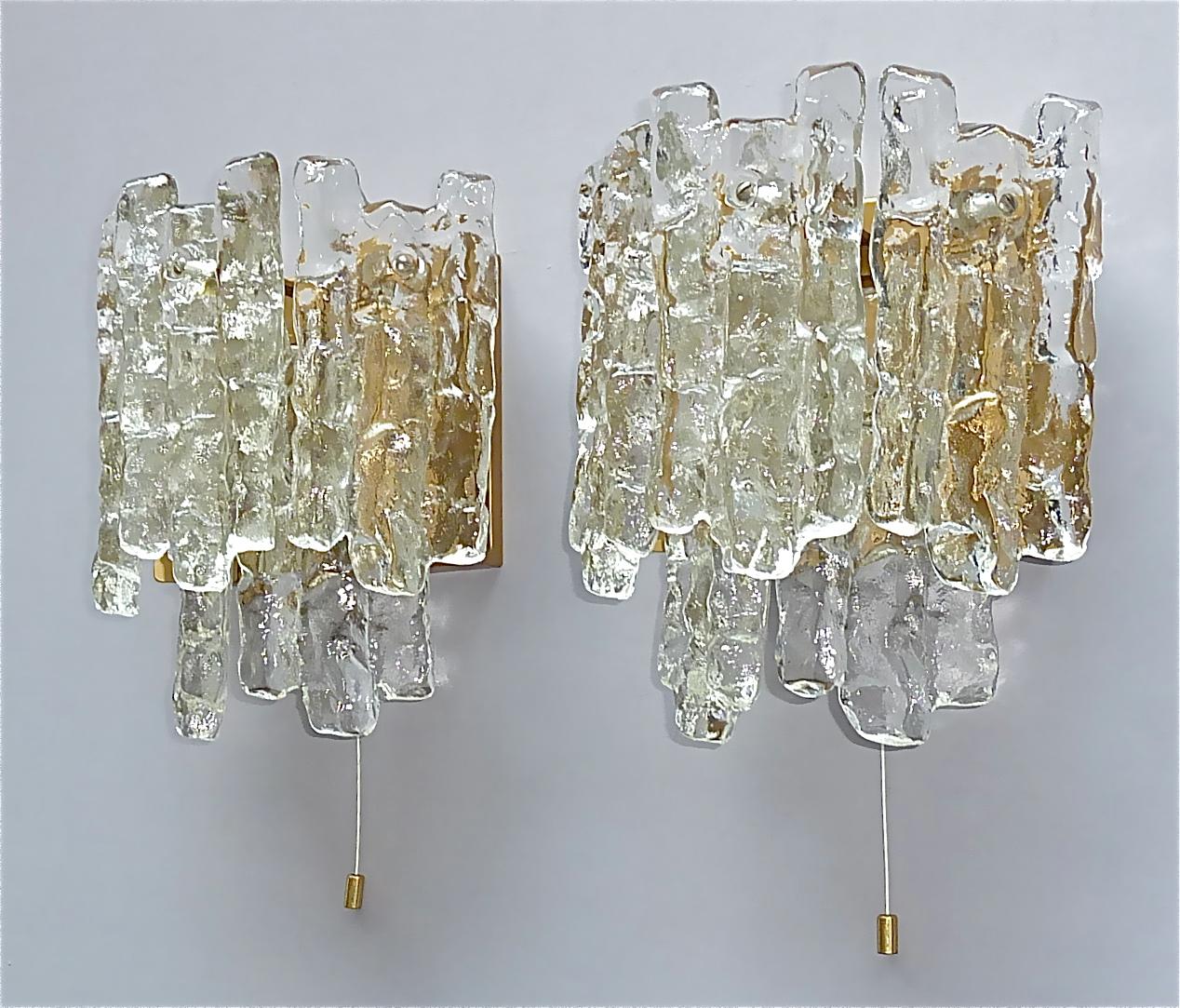 Mid-20th Century Signed Pair J.T. Kalmar Sconces Large Golden Wall Lamps Murano Ice Glass 1960s For Sale
