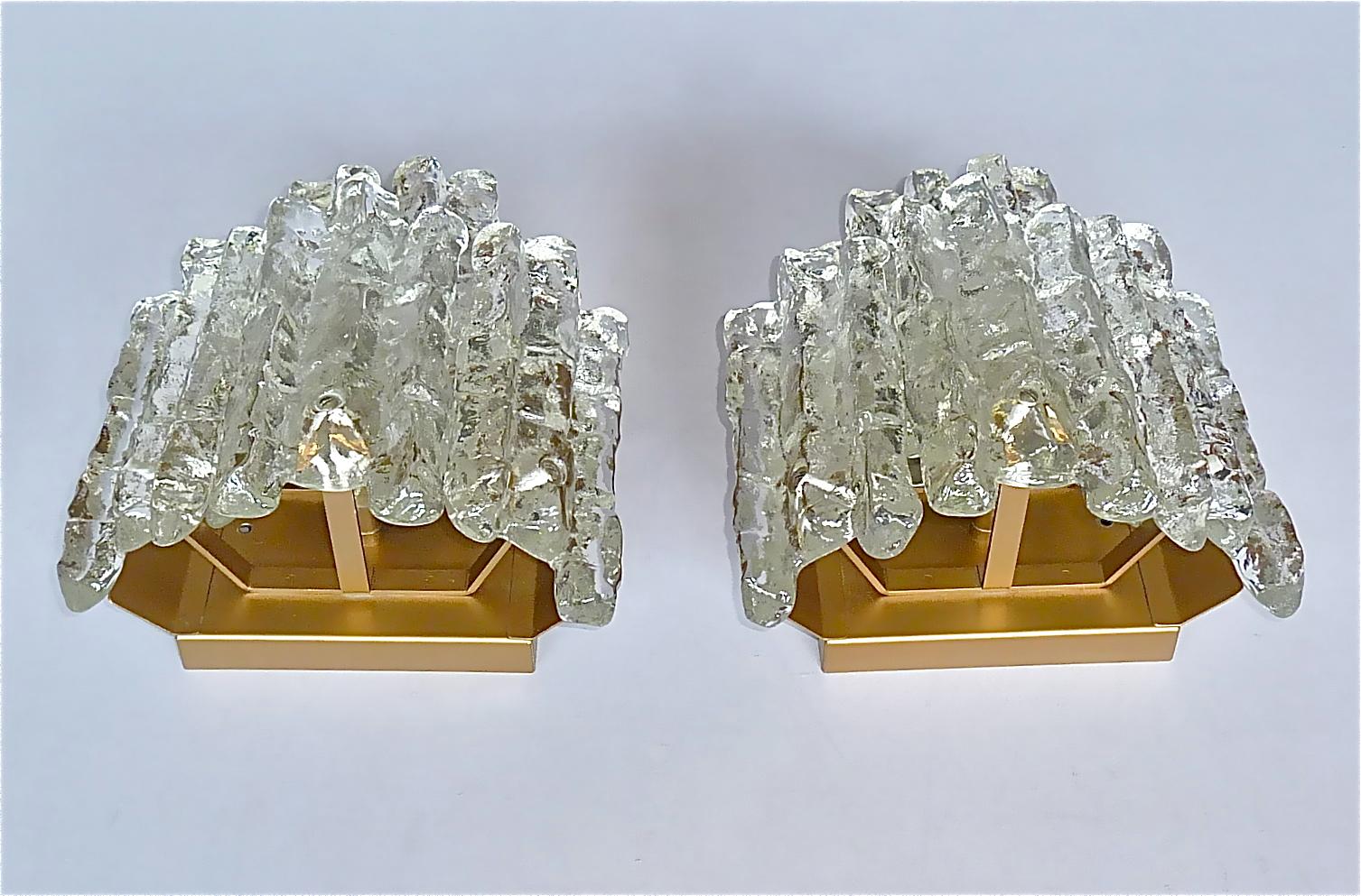Signed Pair J.T. Kalmar Sconces Large Golden Wall Lamps Murano Ice Glass 1960s For Sale 1