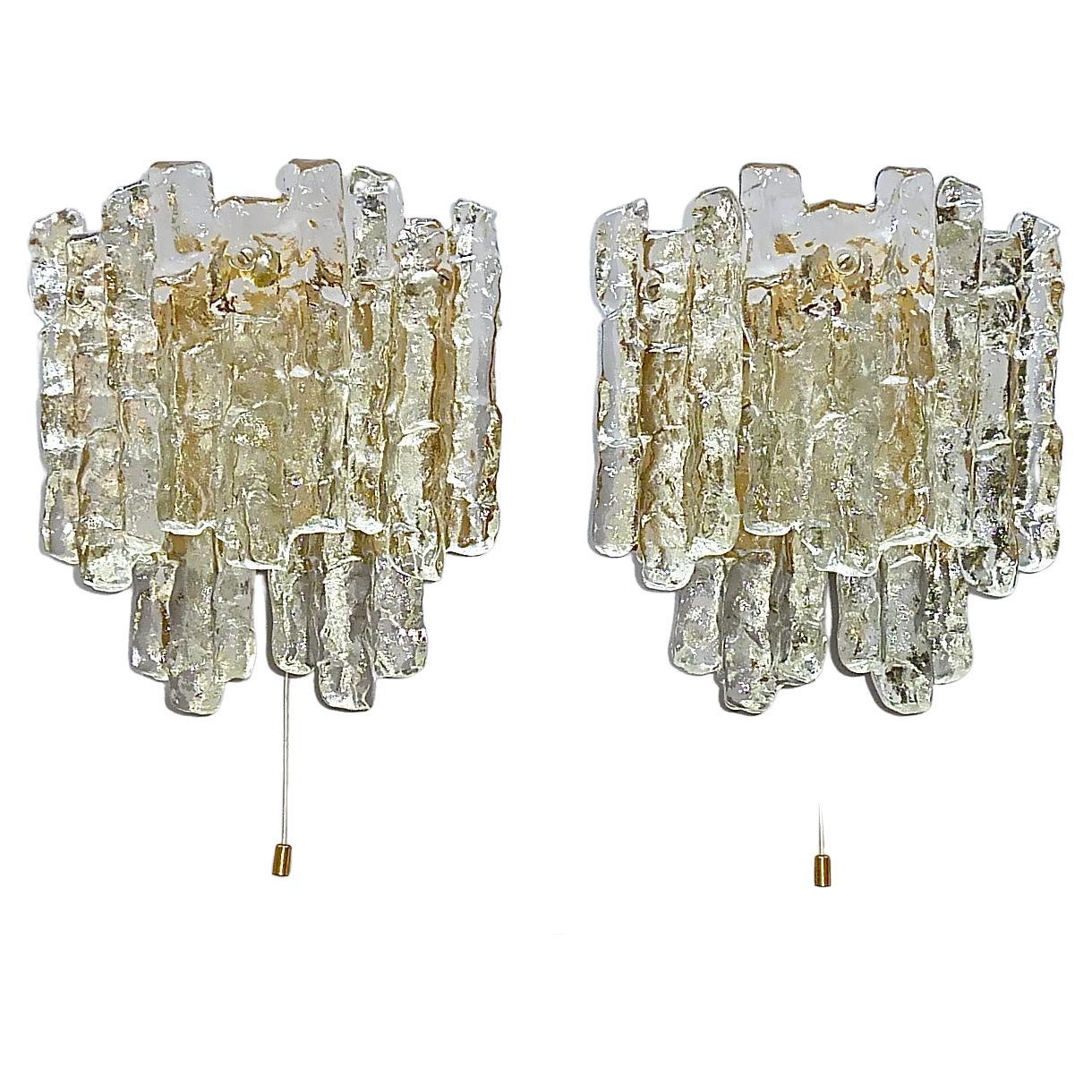 Signed Pair J.T. Kalmar Sconces Large Golden Wall Lamps Murano Ice Glass 1960s For Sale