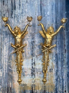 Signed Pair of Antique French Gilt Bronze Putti Wall Sconces, Louis XVI Style
