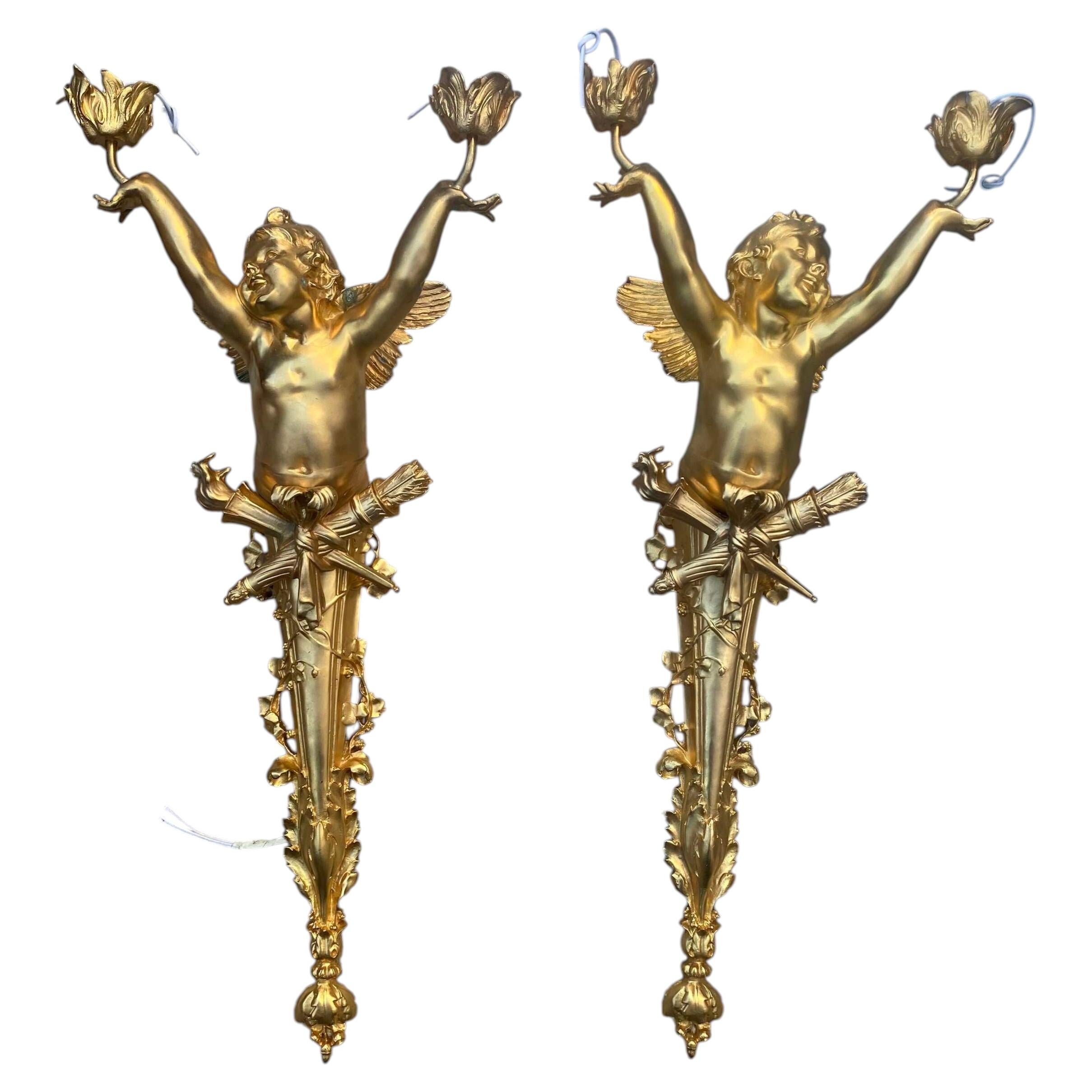 Signed Pair of Antique French Gilt Bronze Putti Wall Sconces, Louis XVI Style For Sale