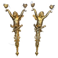 Signed Pair of Antique French Gilt Bronze Putti Wall Sconces, Louis XVI Style