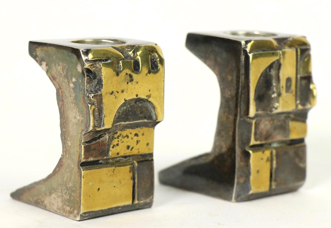 Signed Pair of Brutalist Mixed Metal Candlesticks In Good Condition In New York, NY