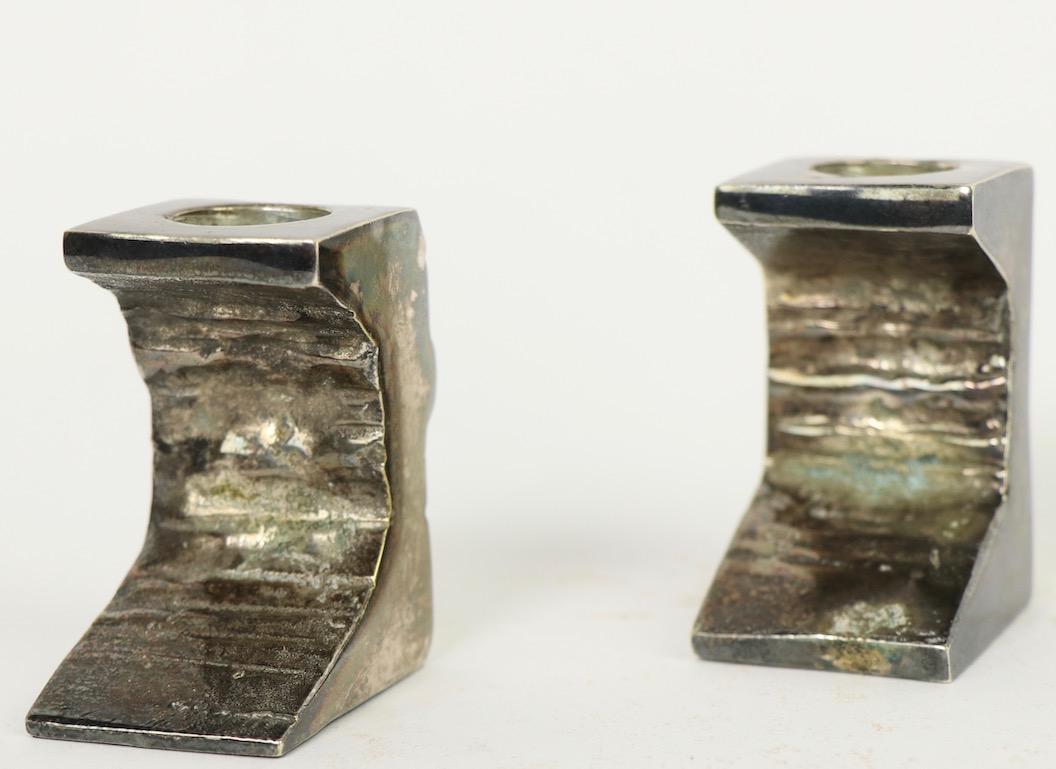 20th Century Signed Pair of Brutalist Mixed Metal Candlesticks