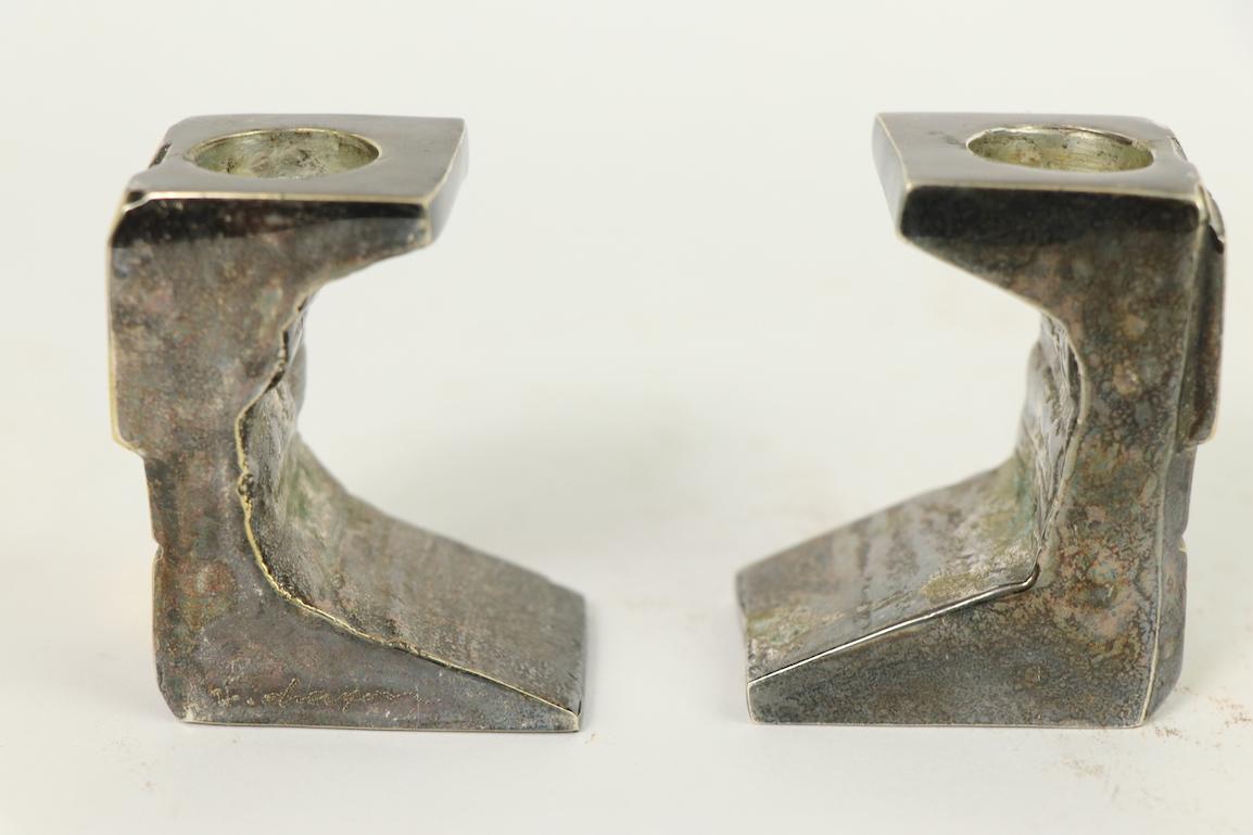 Signed Pair of Brutalist Mixed Metal Candlesticks 4