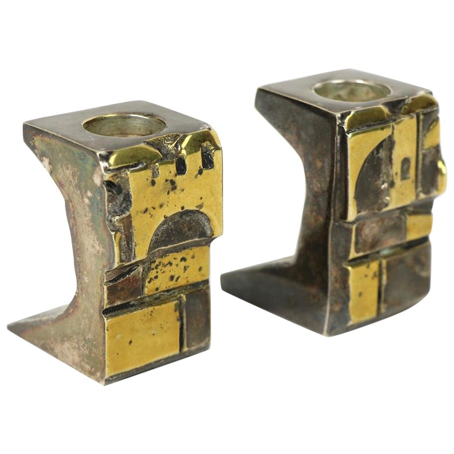 Signed Pair of Brutalist Mixed Metal Candlesticks