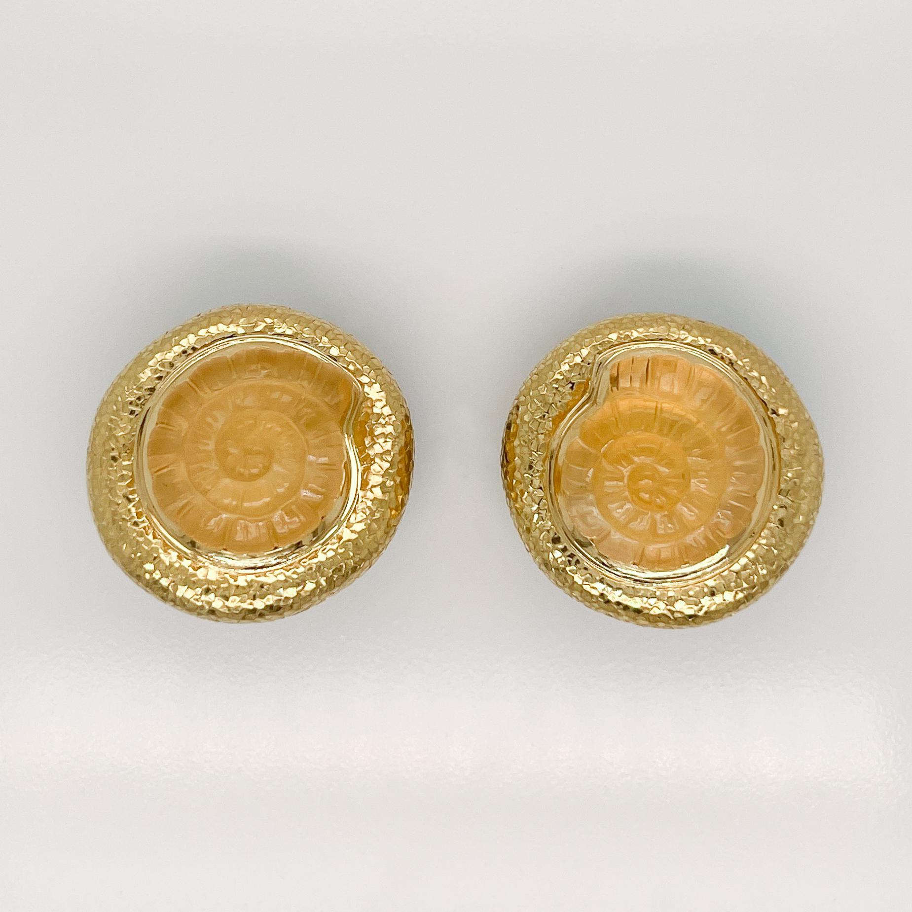 Round Cut Signed Pair of Elizabeth Gage Nautilus Citrine & 18K Gold Clip-On Earrings For Sale