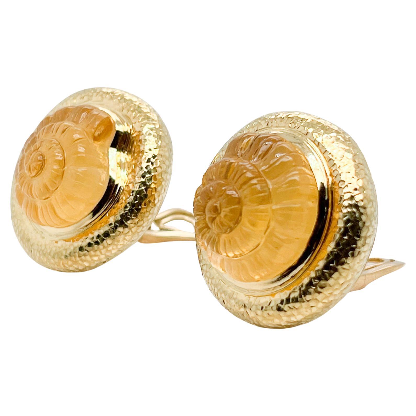 Signed Pair of Elizabeth Gage Nautilus Citrine & 18K Gold Clip-On Earrings For Sale
