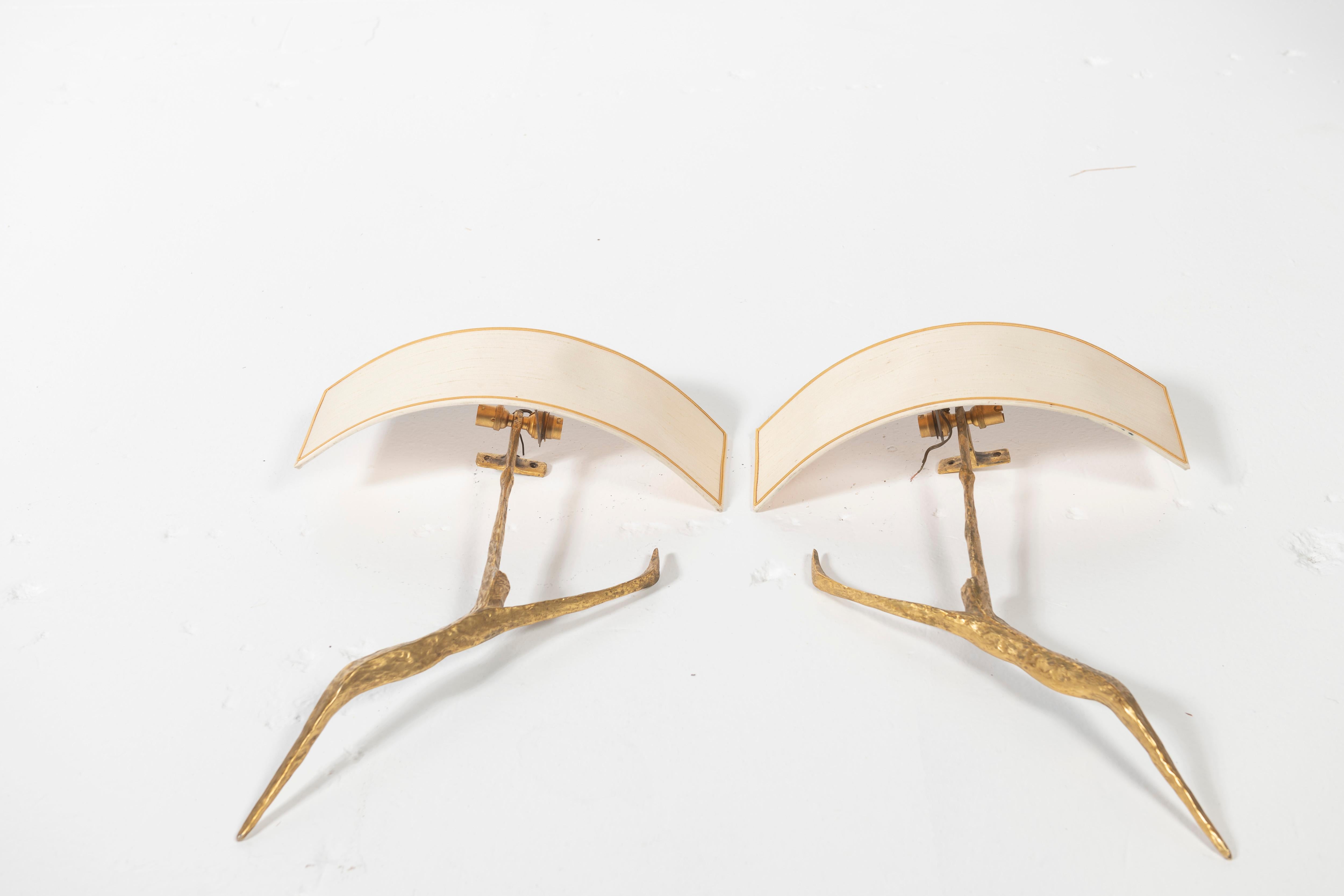 Art Deco Signed Pair Felix Agostini Gilded Bronze Branch Sconces with Ivory Silk Shades
