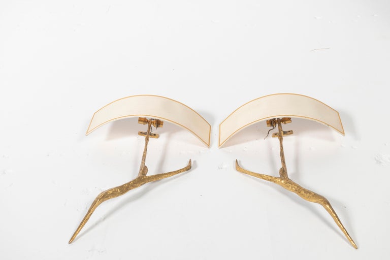 Art Deco Signed Pair Felix Agostini Gilded Bronze Branch Sconces with Ivory Silk Shades For Sale