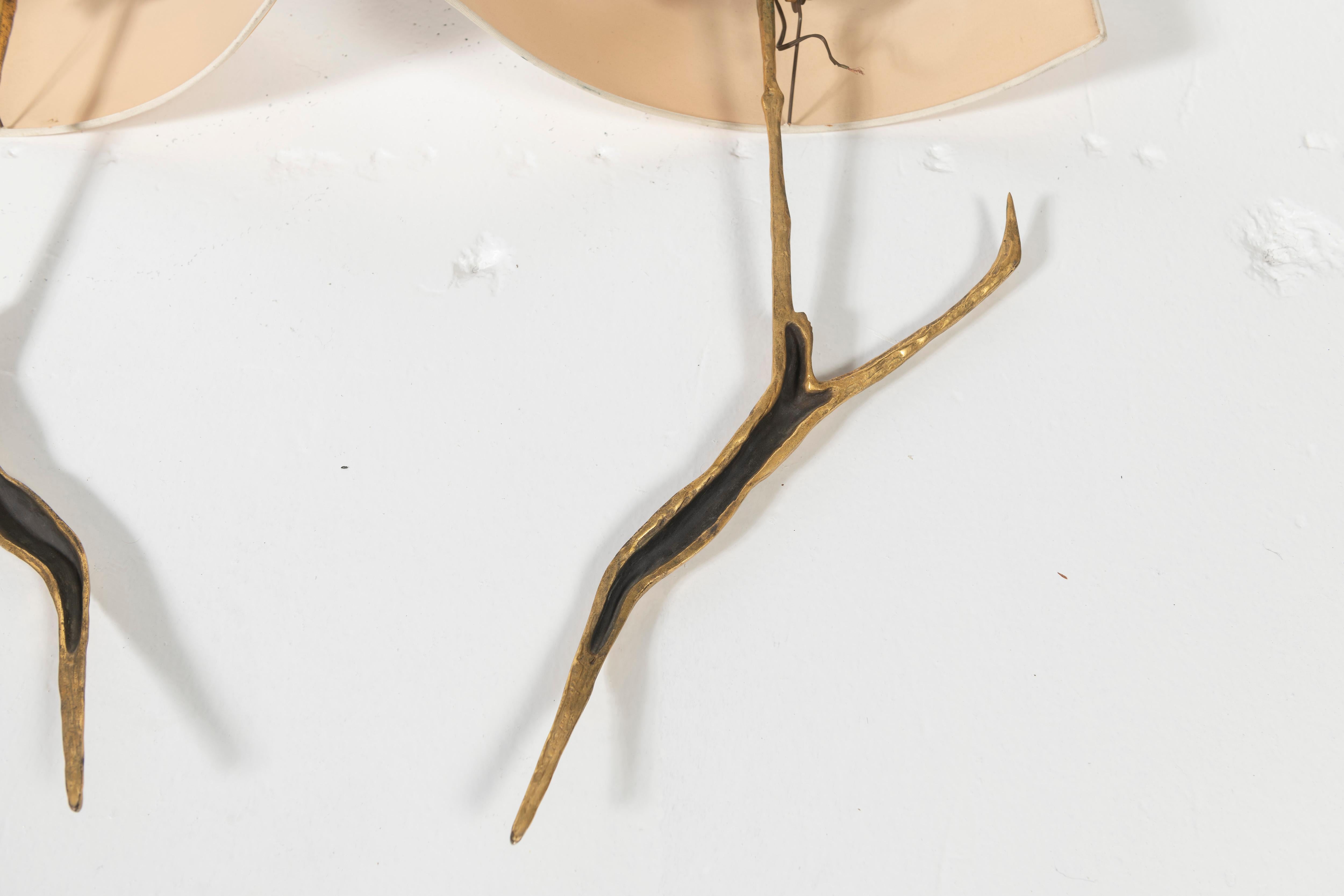 20th Century Signed Pair Felix Agostini Gilded Bronze Branch Sconces with Ivory Silk Shades