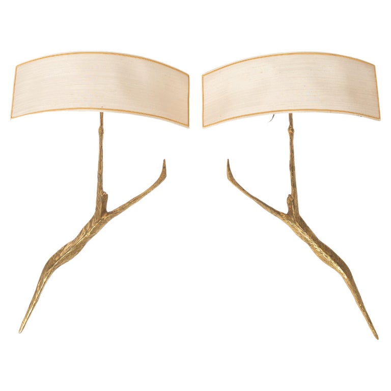 Signed Pair Felix Agostini Gilded Bronze Branch Sconces with Ivory Silk Shades For Sale