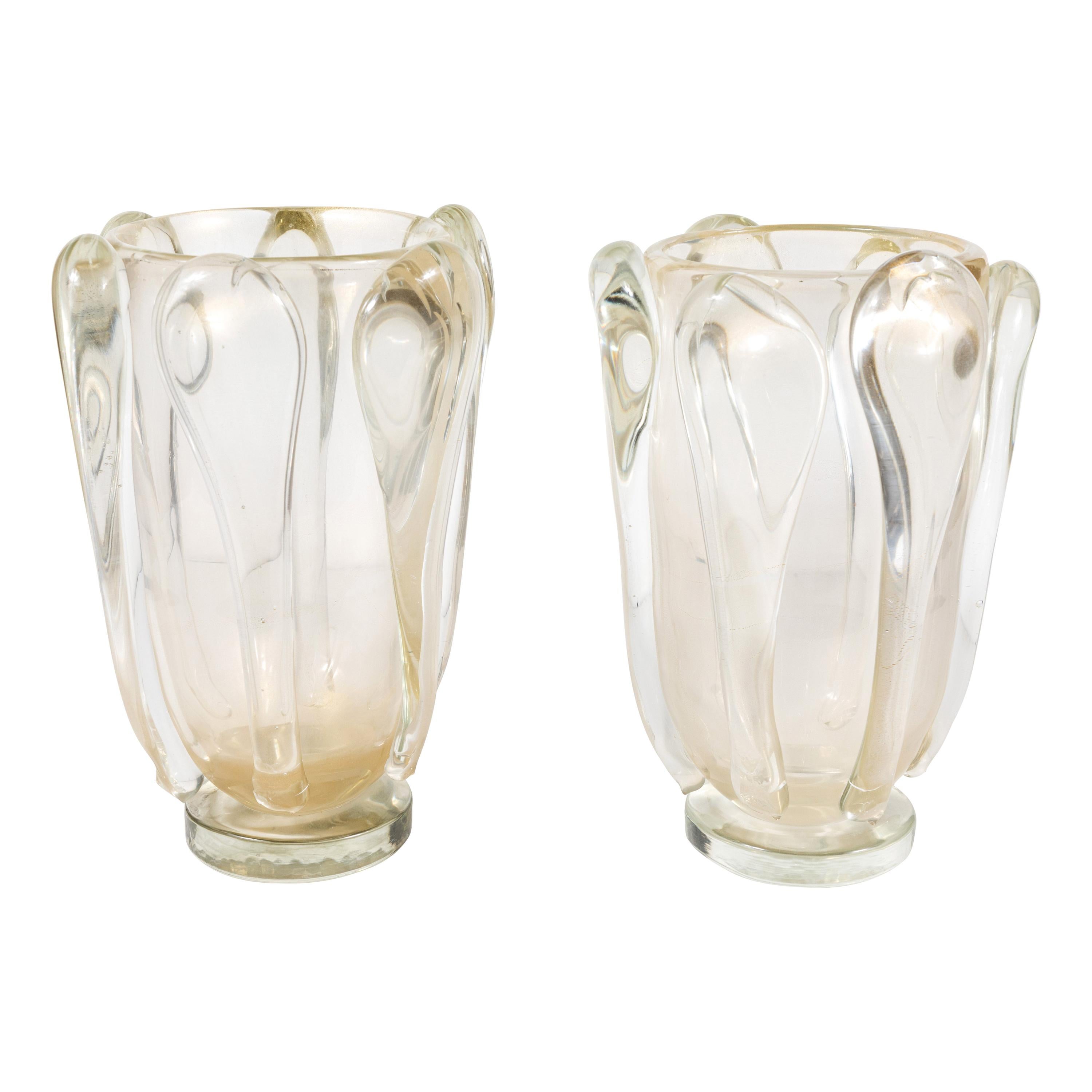 Signed Pair of Gold Flecked, Murano Vases