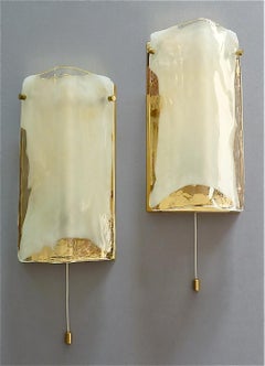Signed Pair of J.T. Kalmar Sconces Gilt Brass White Murano Glass Austria, 1970s