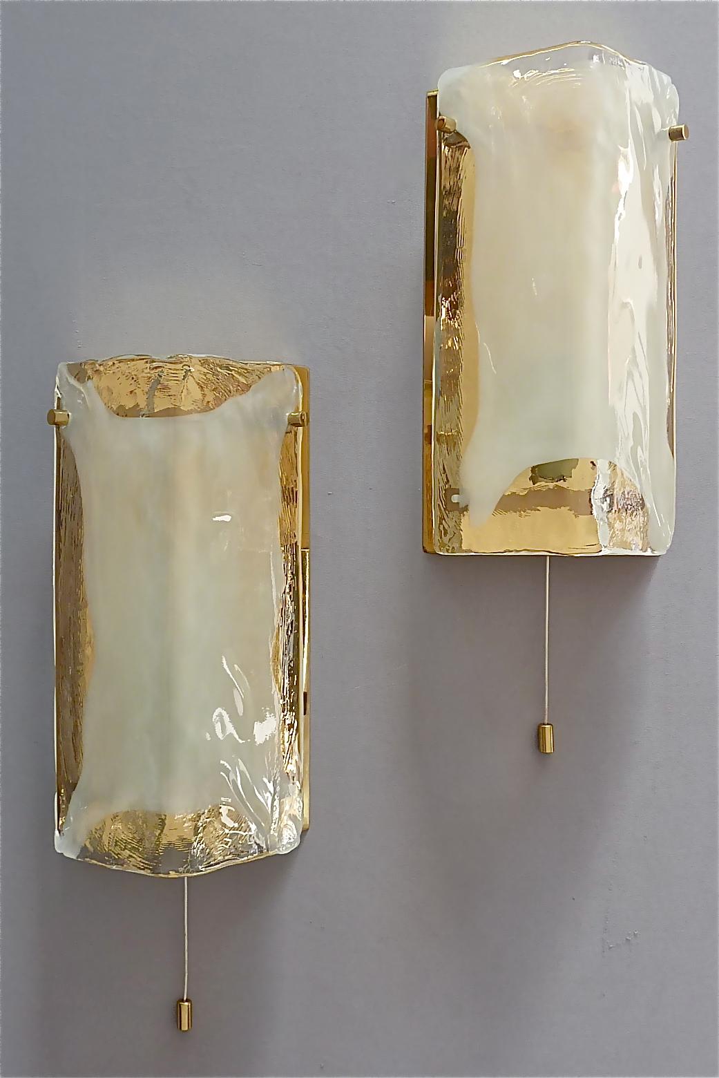 Signed Pair of J.T. Kalmar Sconces Gilt Brass White Murano Glass, Austria 1970s For Sale 13