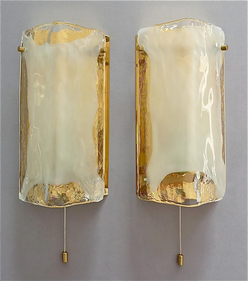 Austrian Signed Pair of J.T. Kalmar Sconces Gilt Brass White Murano Glass, Austria 1970s For Sale