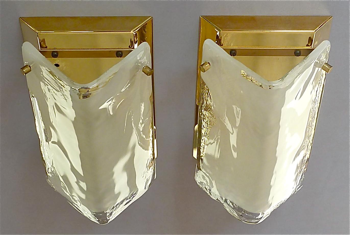 Hand-Crafted Signed Pair of J.T. Kalmar Sconces Gilt Brass White Murano Glass Austria, 1970s For Sale