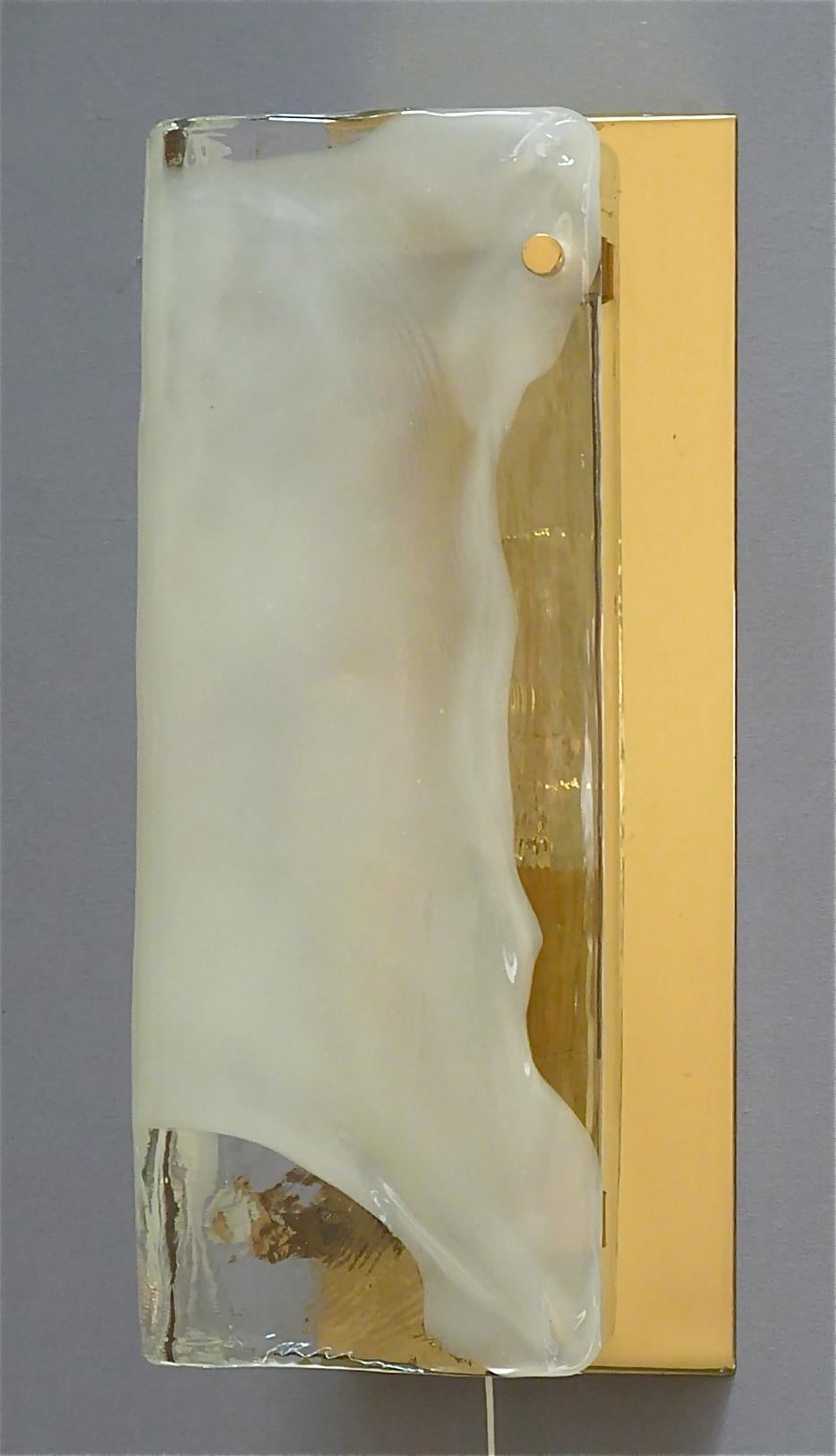 Mid-20th Century Signed Pair of J.T. Kalmar Sconces Gilt Brass White Murano Glass, Austria 1970s For Sale