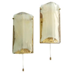 Signed Pair of J.T. Kalmar Sconces Gilt Brass White Murano Glass Austria, 1970s