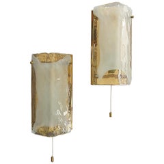 Signed Pair of J.T. Kalmar Sconces Gilt Brass White Murano Glass, Austria 1970s
