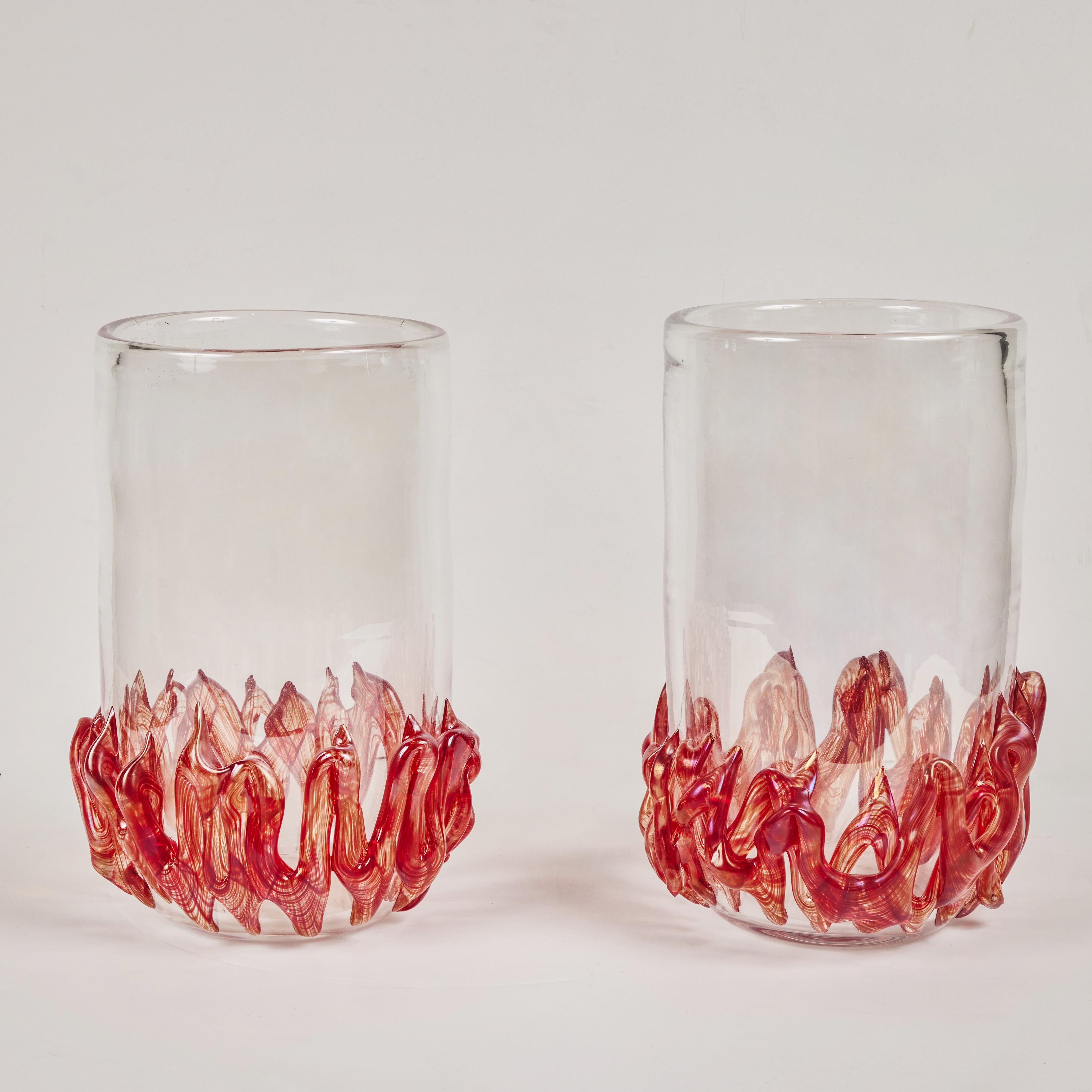 Hand-Crafted Signed Pair of Murano Glass Vases with Flame Detail For Sale