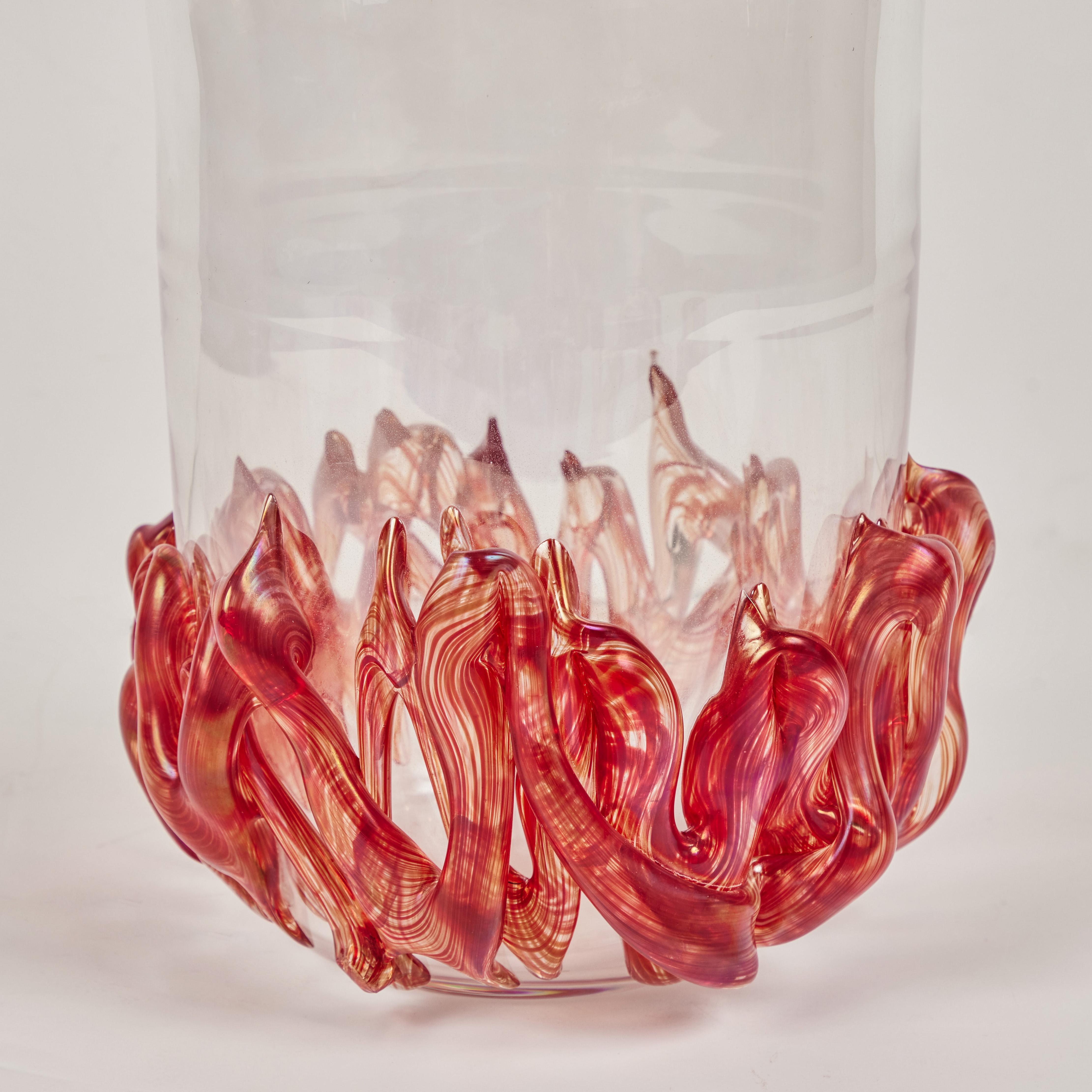 Mid-20th Century Signed Pair of Murano Glass Vases with Flame Detail For Sale