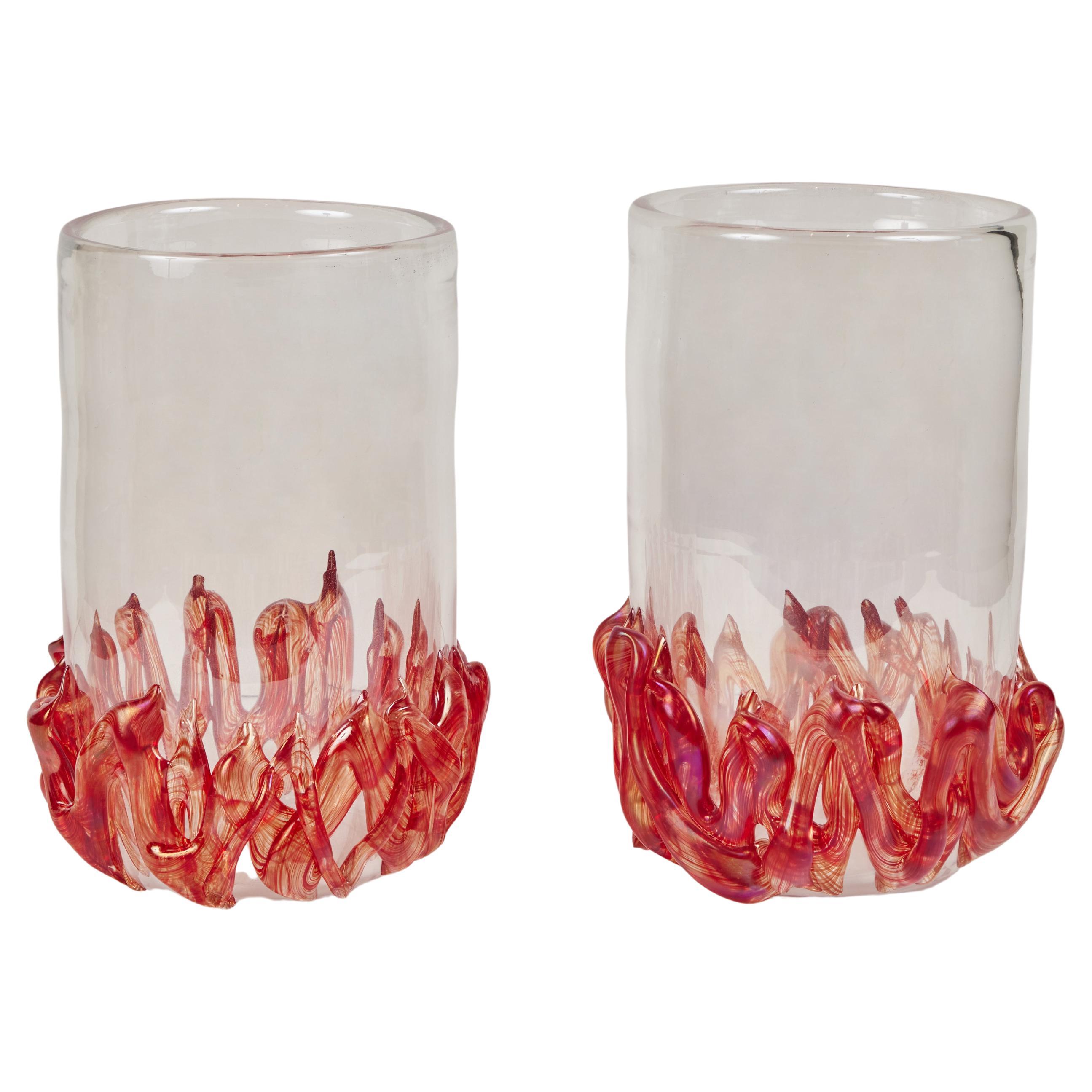 Signed Pair of Murano Glass Vases with Flame Detail