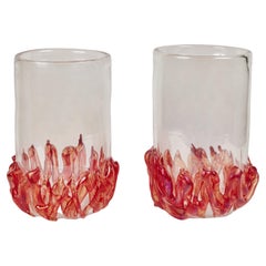 Vintage Signed Pair of Murano Glass Vases with Flame Detail