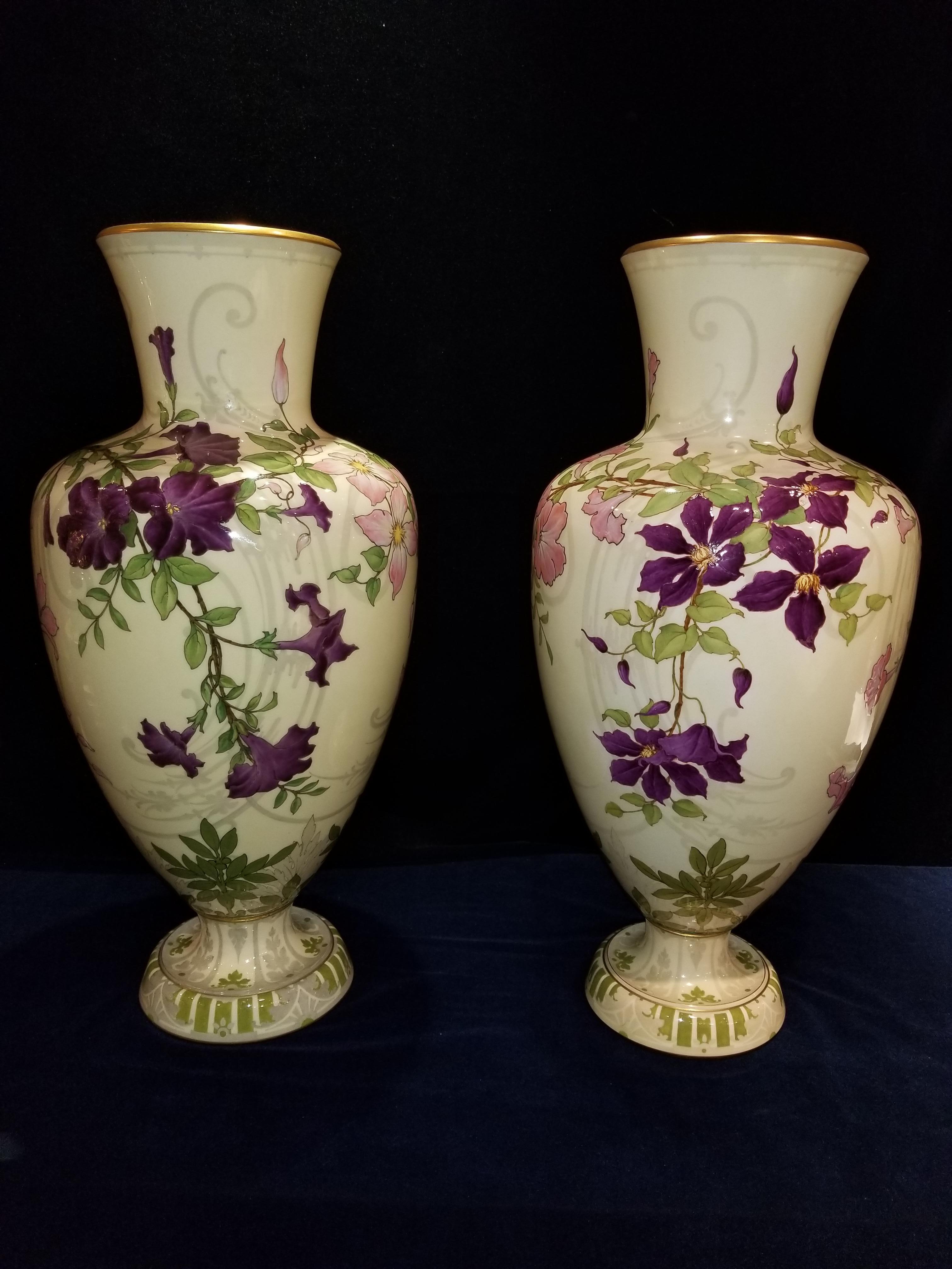 A magnificent and large pair of signed Sèvres Art Nouveau period ‘Third Republic’ Pate Nouvelle pale yellow ground vases (Vase De Lesbos 1 Grandeur). These premier quality vases are dated 1893-1894, black printed Lozenge Kiln Marks S.93 and black