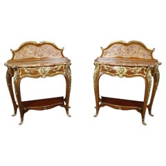 Signed Pair Zwiener Bronze Oak Breche D' Alep Marble Console Tables