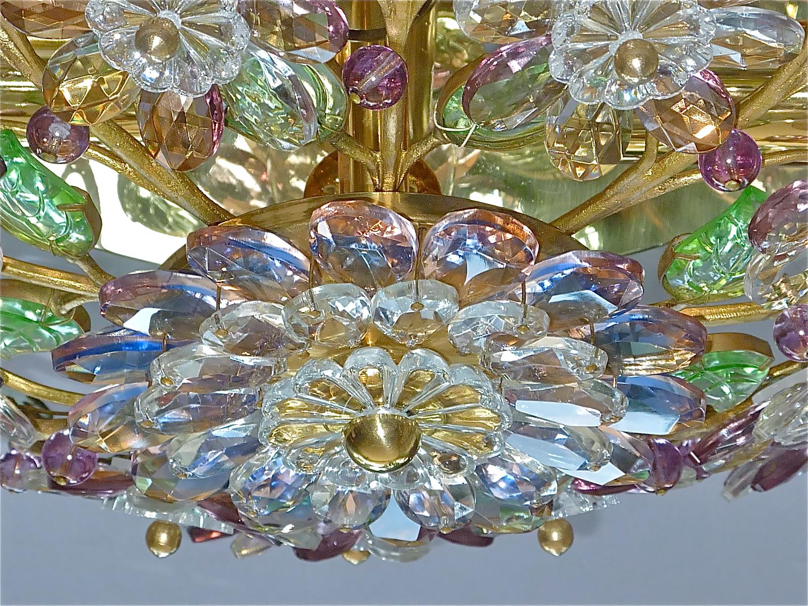 Signed Palwa Flush Mount Chandelier Gilt Brass Flower Bouquet Crystal Glass 1960 2
