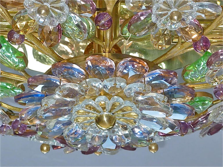 Signed Palwa Flush Mount Chandelier Gilt Brass Flower Bouquet Crystal Glass 1960 For Sale 2