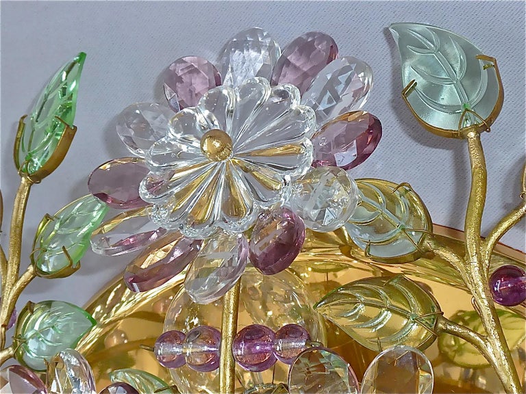 Signed Palwa Flush Mount Chandelier Gilt Brass Flower Bouquet Crystal Glass 1960 For Sale 3