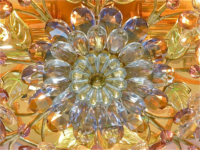 Signed Palwa Flush Mount Chandelier Gilt Brass Flower Bouquet Crystal Glass 1960 For Sale 7