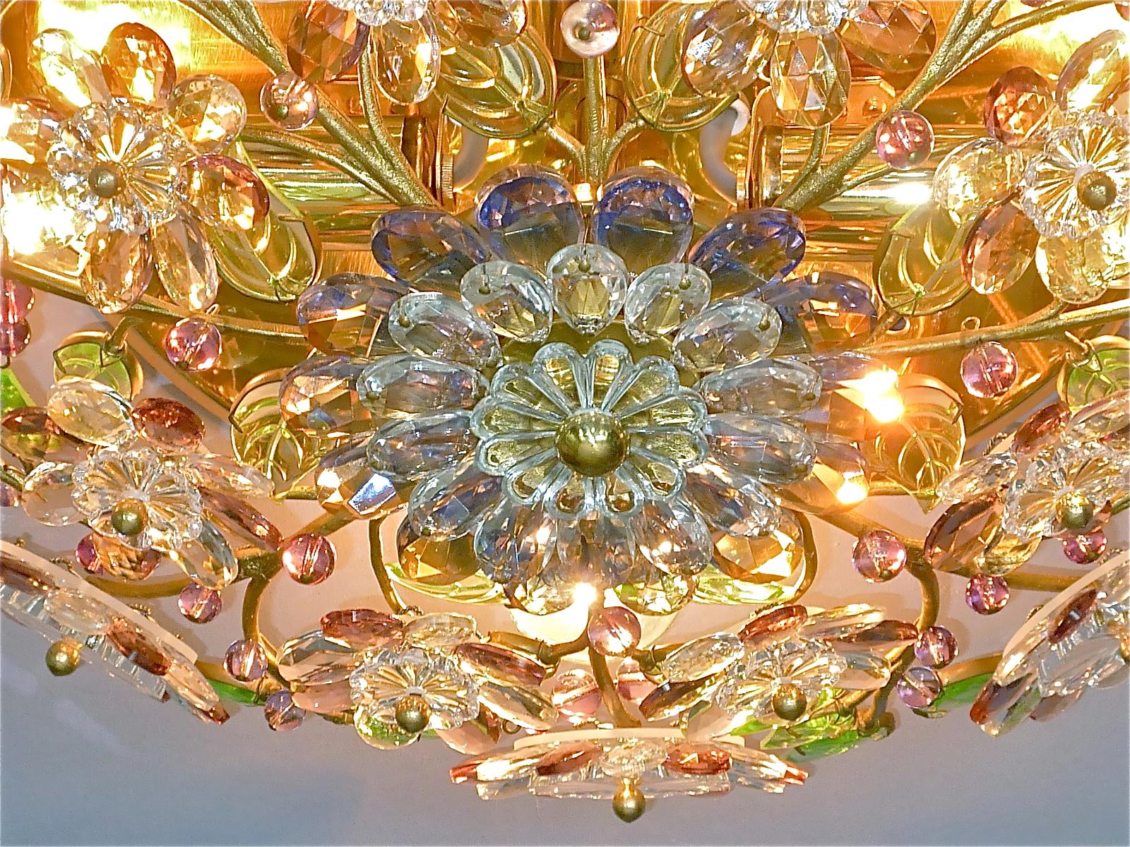 Signed Palwa Flush Mount Chandelier Gilt Brass Flower Bouquet Crystal Glass 1960 8