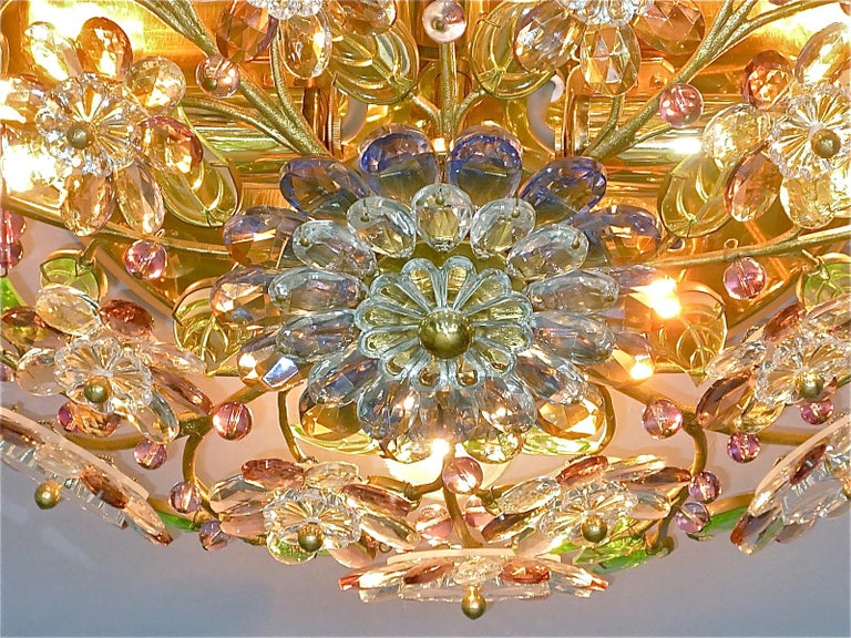 Signed Palwa Flush Mount Chandelier Gilt Brass Flower Bouquet Crystal Glass 1960 For Sale 8