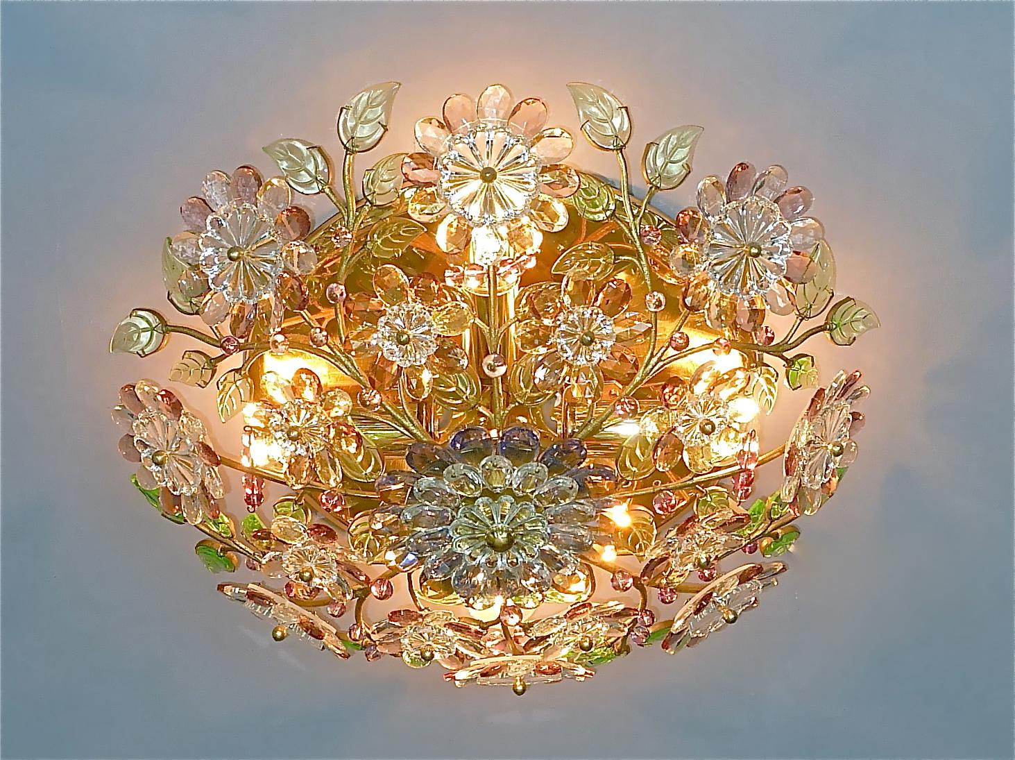 Signed Palwa Flush Mount Chandelier Gilt Brass Flower Bouquet Crystal Glass 1960 9